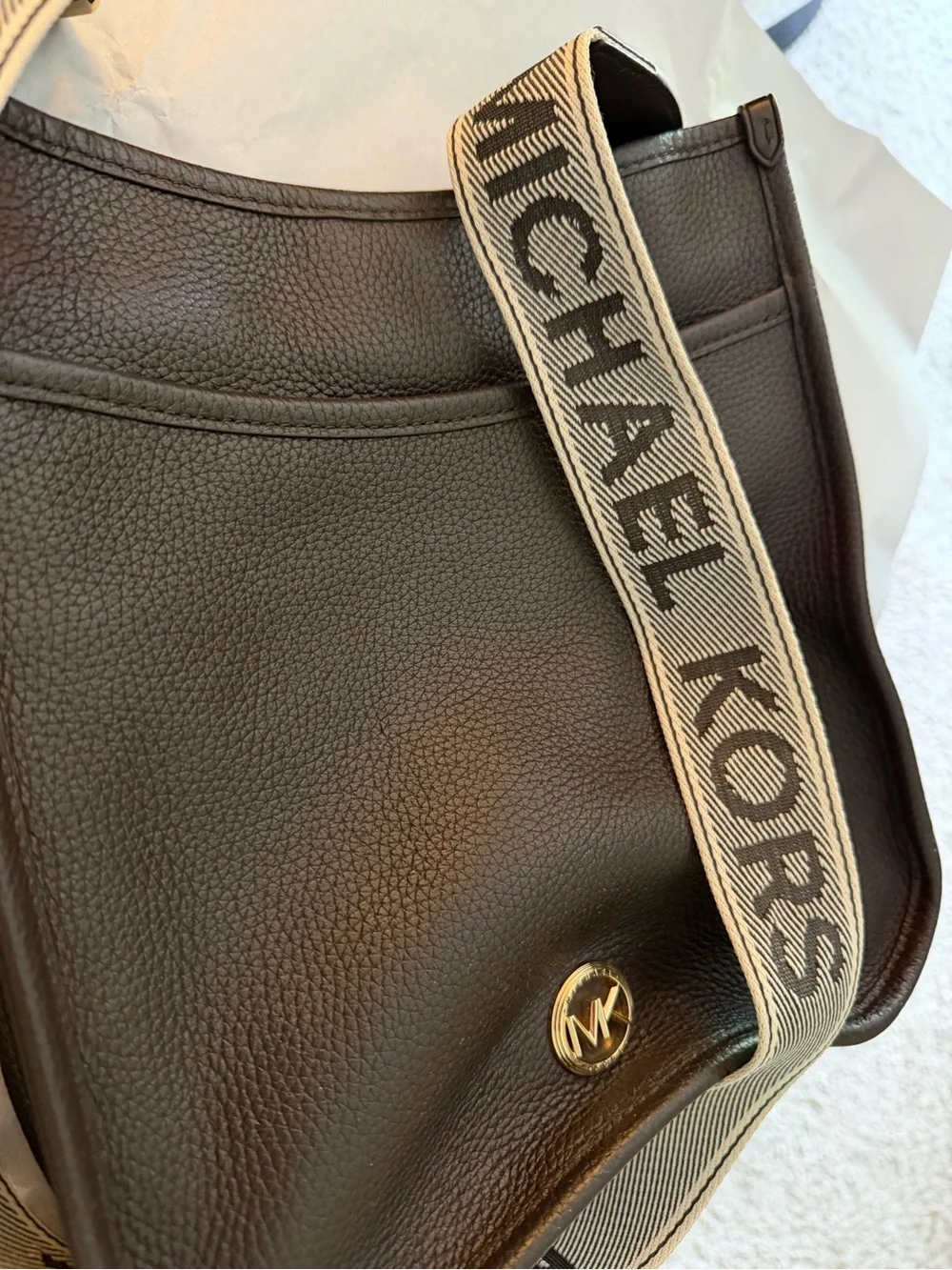 Michael Kors Brown Pebbled Leather Crossbody Bag Tan Signature Strap